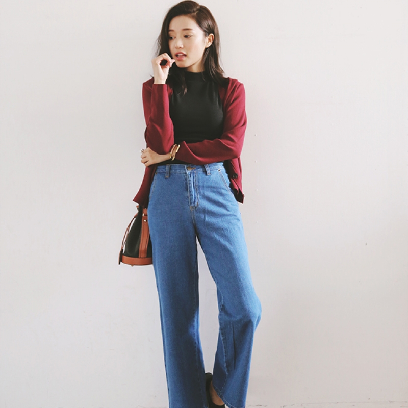 韩国stylenanda官方正品 简约款百搭阔腿牛仔裤-牛仔蓝色
