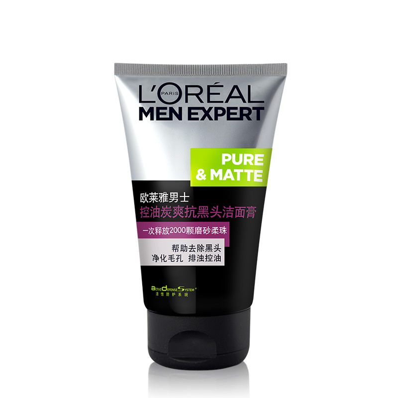 欧莱雅男士洗面奶控油炭爽抗黑头洁面膏100ml 补水保湿男士护肤