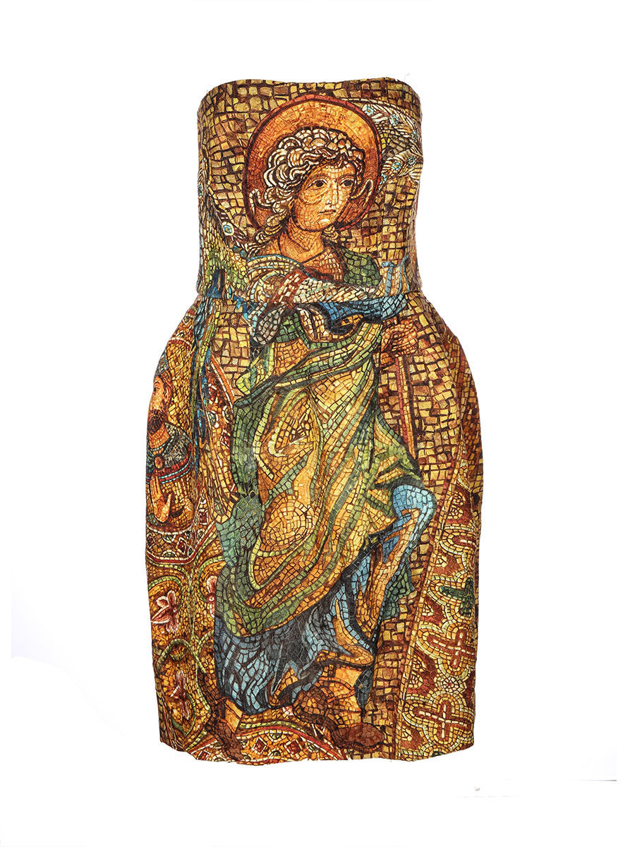 Dolce&Gabbana 金黄色教堂镶嵌画饰抹胸连衣裙