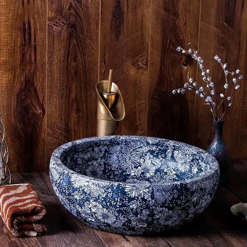 Sink on blue and white round Chinese style restoring ancient ways the hotel toilet basin of jingdezhen ceramic art dish washing basin