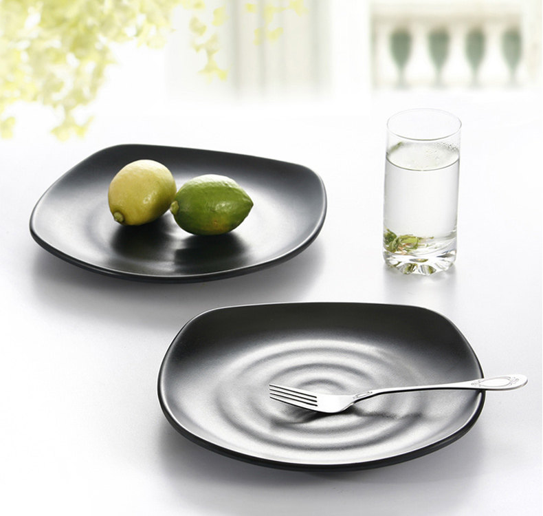 Upscale Guest House Dense Amines Imitation Porcelain Sun Style Black Plastic Quad Anti-Slip Pastry Snack Pan Fruit Plate