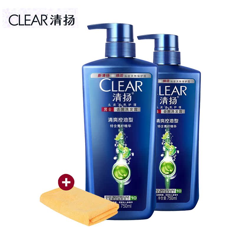 清扬男士去屑洗发水清爽控油型洗发露750ml*2套装 送抗菌毛巾一条