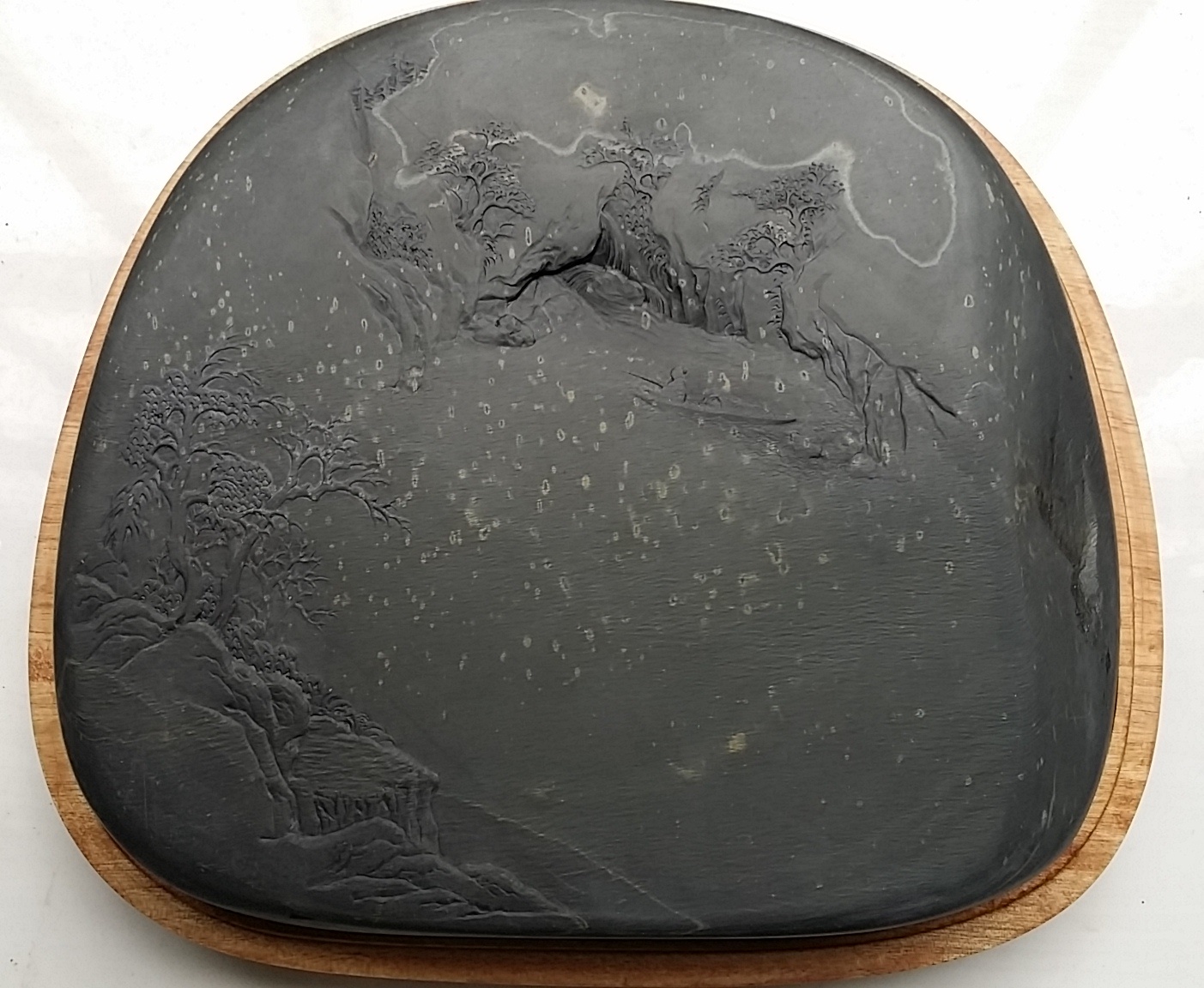 She Inkstone---Works of Shezhou Inkstone Master Tingfeng (Wu Huafeng) Jinxing Pit, Flying Waterfall, Idle Fishing Inkstone