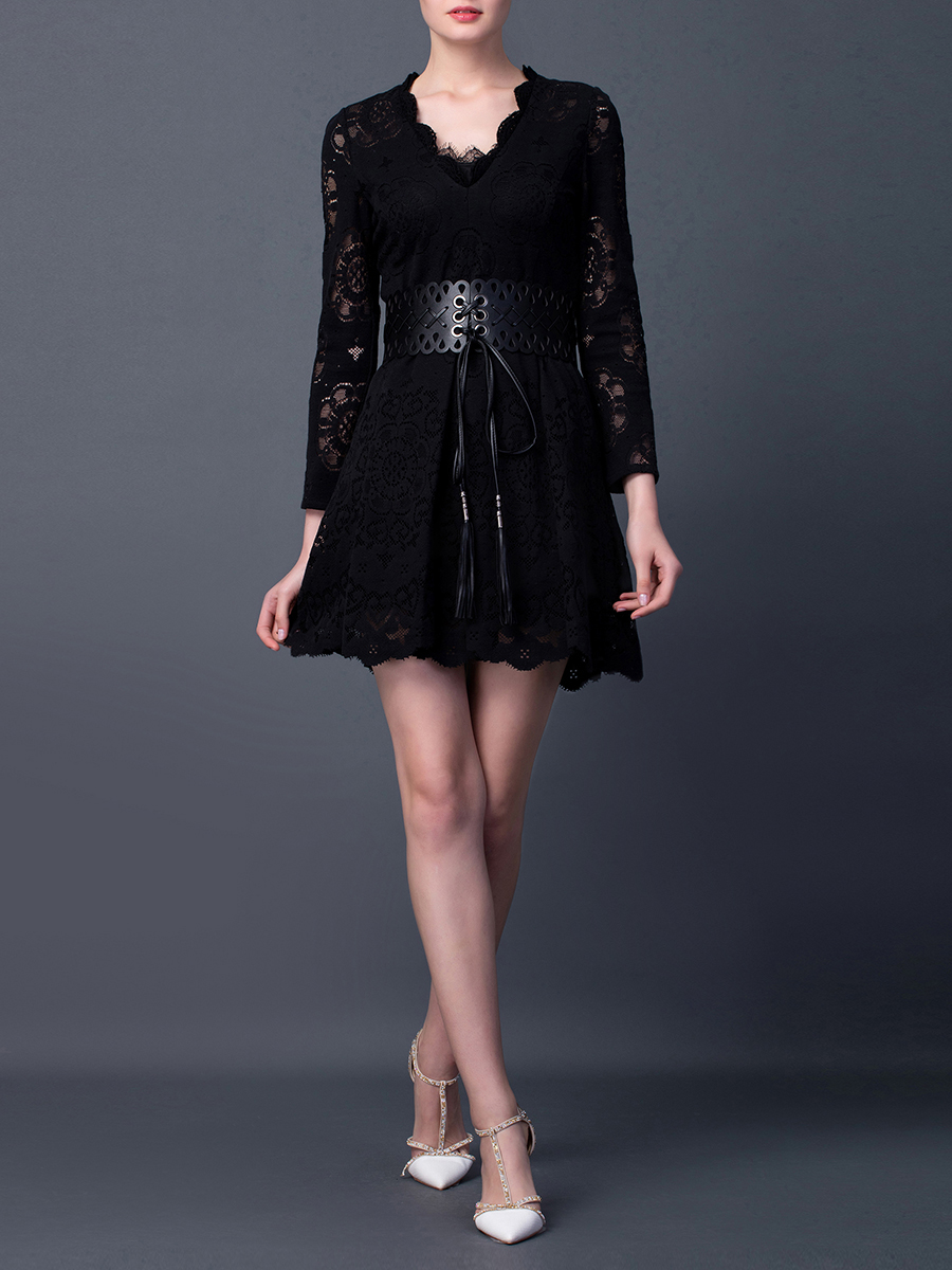 JESSICA 黑色蕾丝收腰v领连衣裙