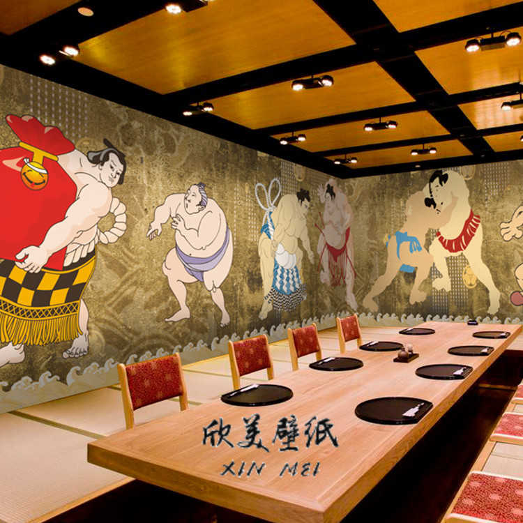 個性手繪相撲塗鴉牆壁畫日式料理飯廳壽司店火鍋店鐵板燒裝修壁紙