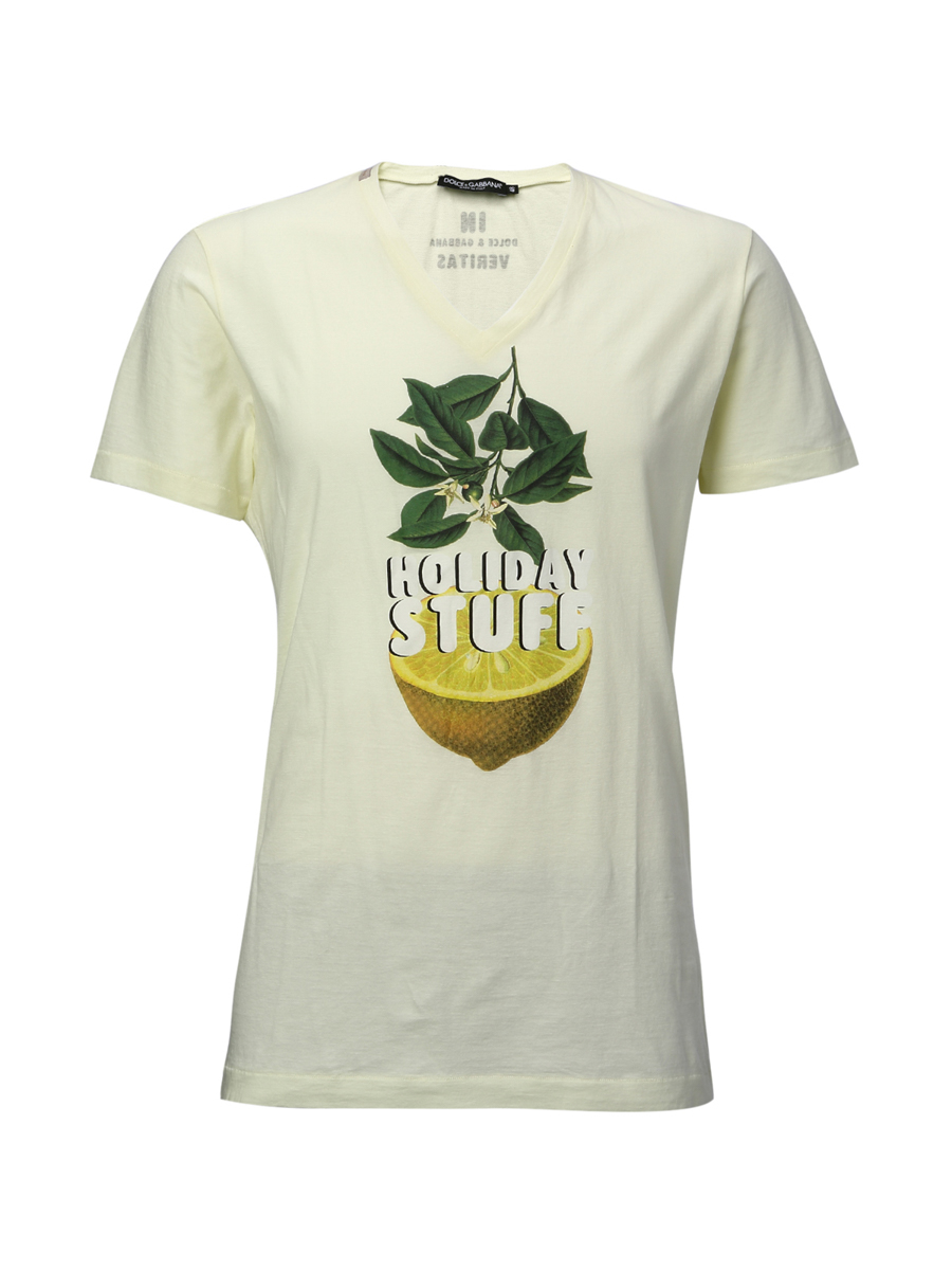 Dolce&Gabbana 鹅黄色V字领柠檬印花短袖T恤