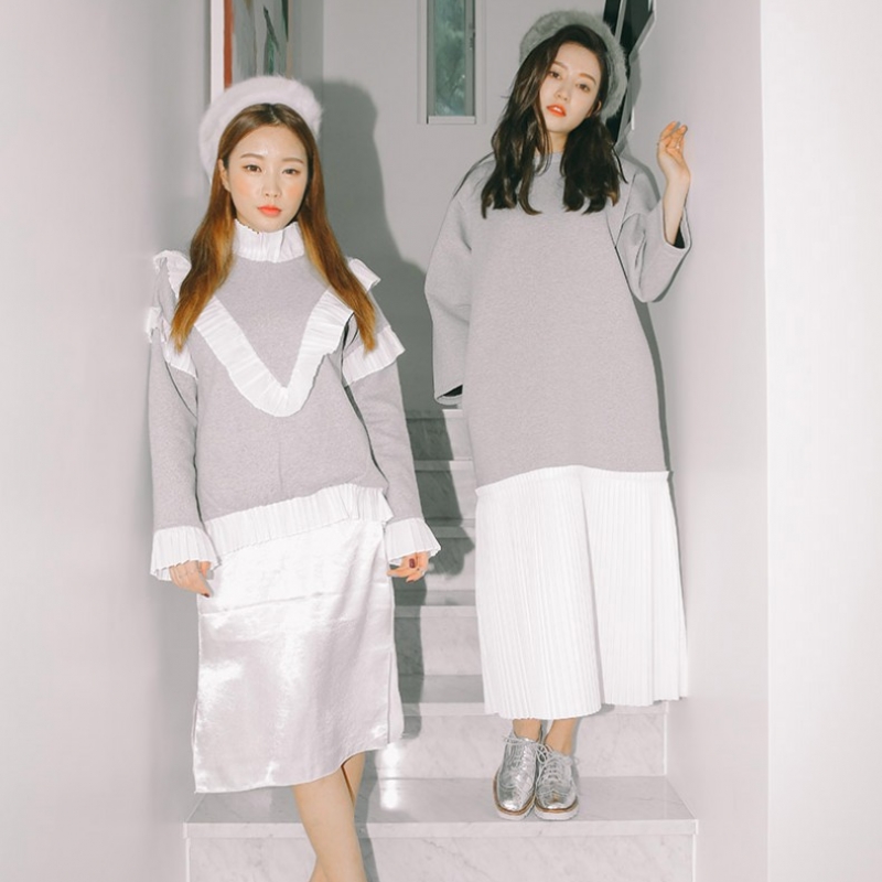 韩国stylenanda官方正品 浪漫褶边拼接圆领卫衣-灰色