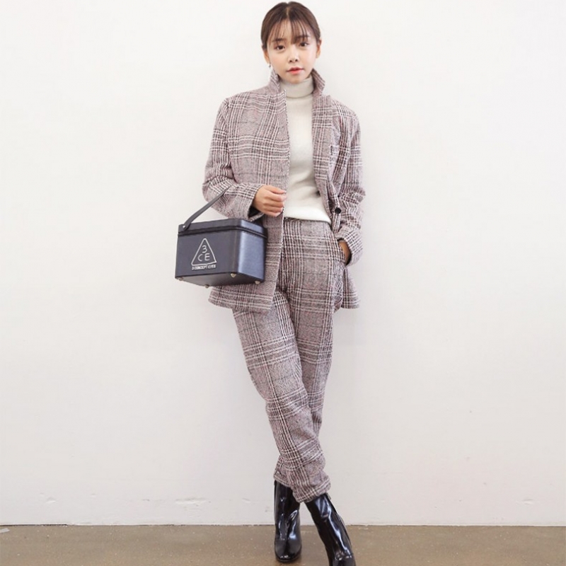 韩国stylenanda官方正品 个性款格纹羊毛混纺锥版裤-粉色