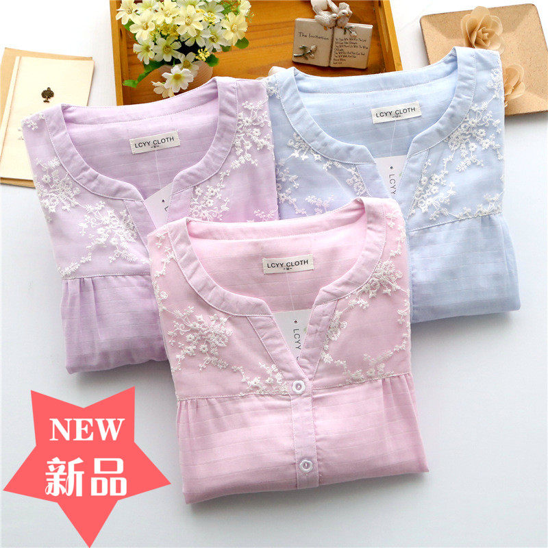 Summer pure cotton gauze pajamas lady long-sleeved pants sweet lace Japanese home suit