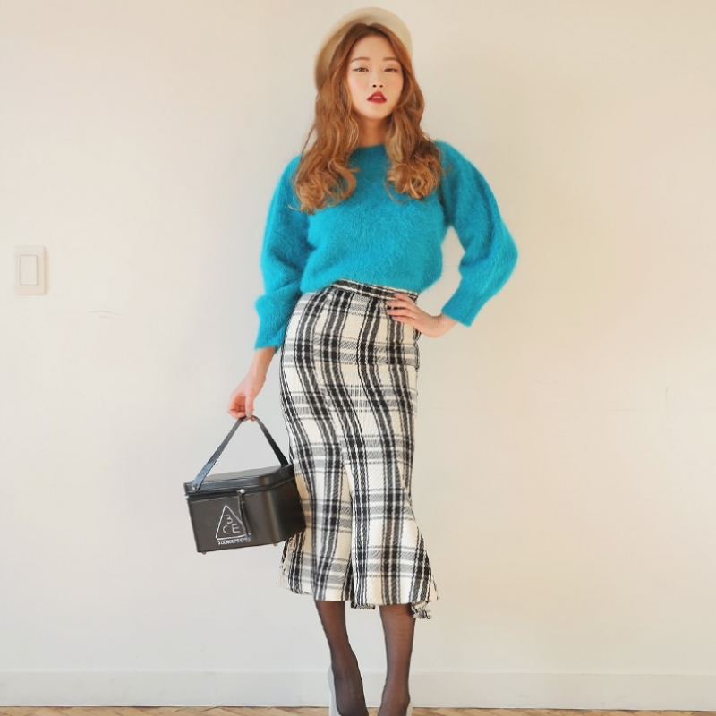 韩国stylenanda官方正品 优雅格纹鱼尾半身裙-象牙色