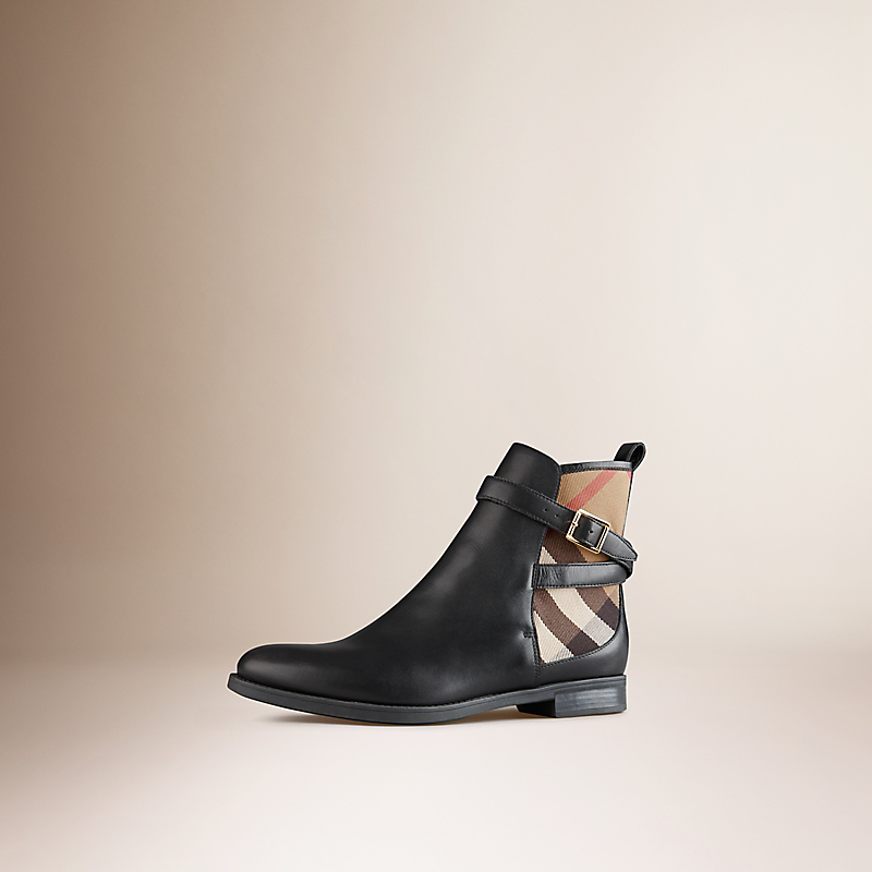 BURBERRY/博柏利House Check格纹饰片皮革及踝靴 39058811