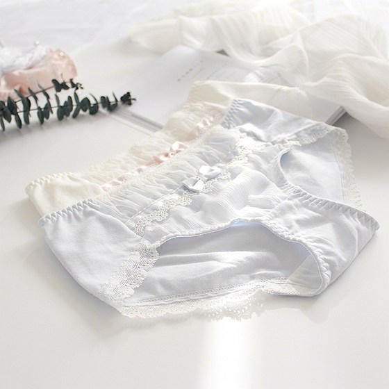 日系褶皱蕾丝雪纺纱甜美蝴蝶结少女中腰内裤女士纯棉短款包臀无痕