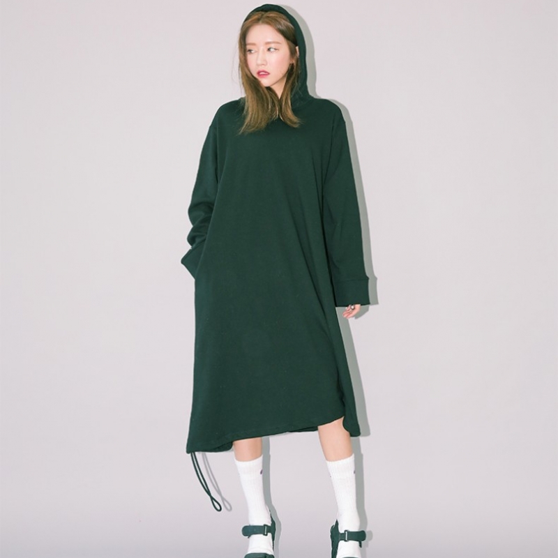韩国stylenanda官方正品 背部心电图刺绣点缀连帽连衣裙-黑色