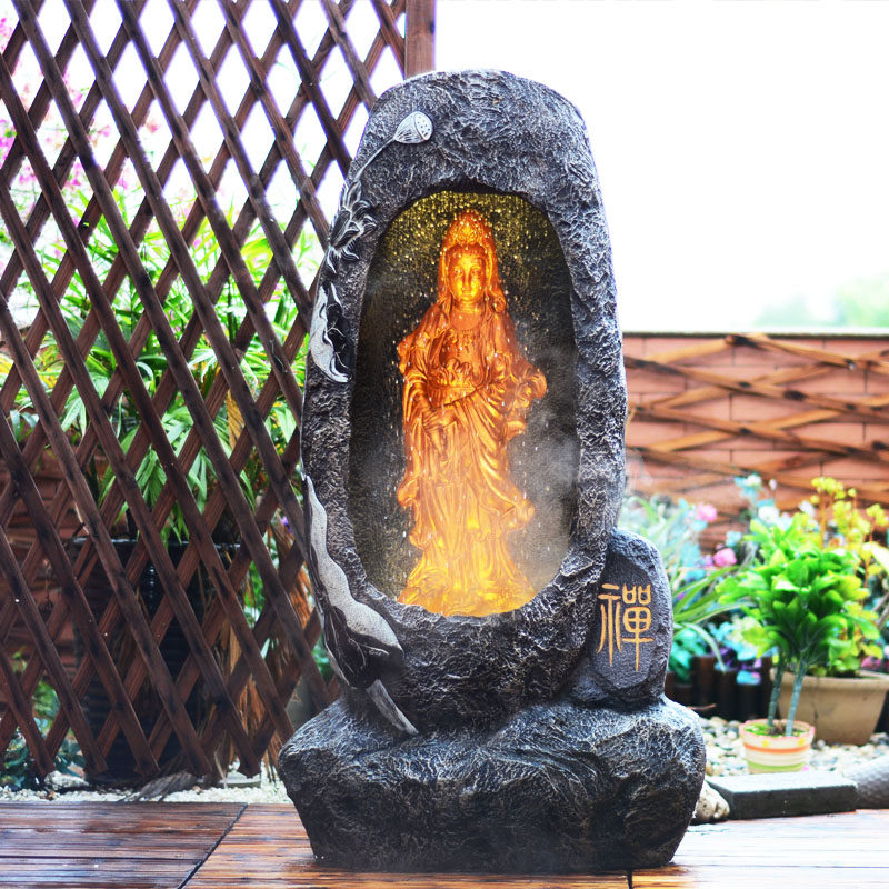 3D Maitreya Buddha Statue Avalokitesvara Fountain Flowing Water Landscape Decoration Creative Feng Shui Wheel Living Room Humidifier Opening Gift