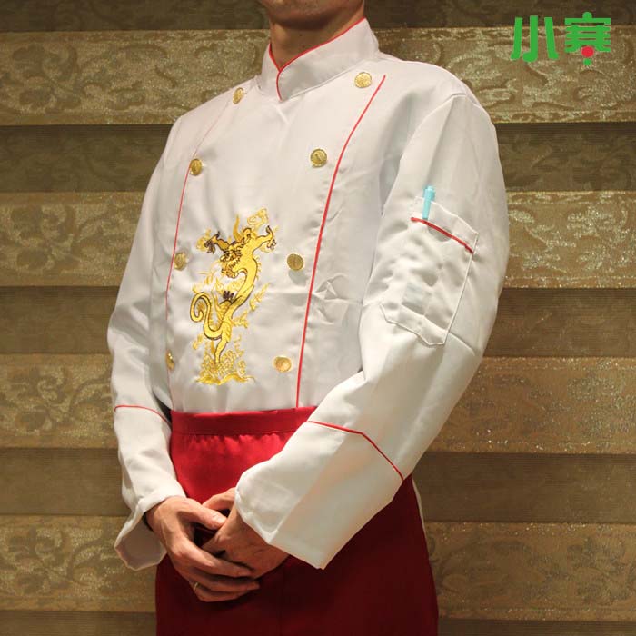 Chef's long-sleeved long-sleeved chef's long-sleeved boutique dragon suit hotel restaurant chef's overalls short-sleeved double-breasted copper buttons