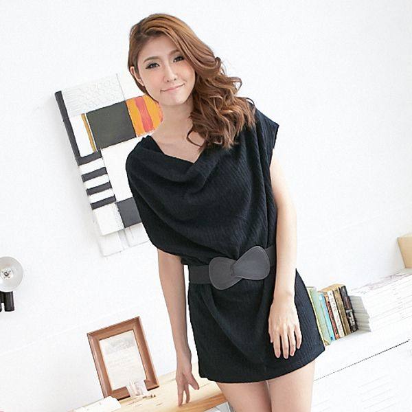 [熊衣裤语]时尚成熟美． D146 韩版直坑条垂领附腰封长上衣/洋装