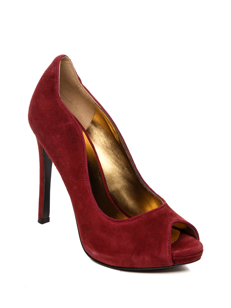 Nine West/玖熙 酒红色绒面鱼嘴高跟鞋