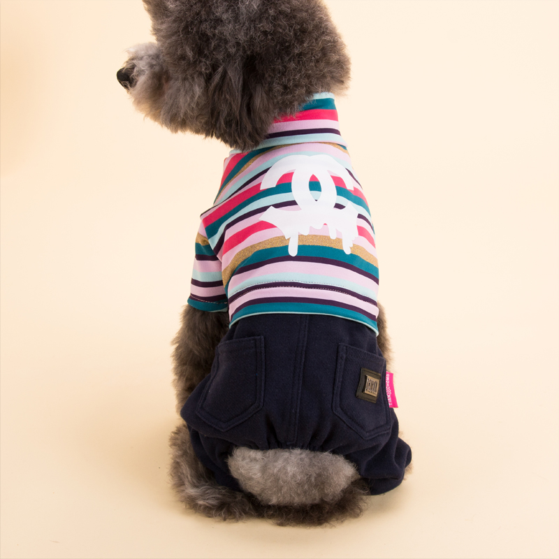彩虹条纹牛仔四脚衣小狗狗衣服泰迪犬比熊春夏款猫咪宠物服装卫衣