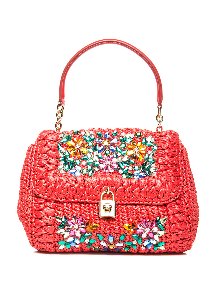 Dolce&Gabbana 橘红色编织饰钻花饰旋扣手提包