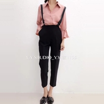 Suit bib pants womens 2021 spring and summer new Korean version of black casual high waist nine-point pants British small feet Harlon pants