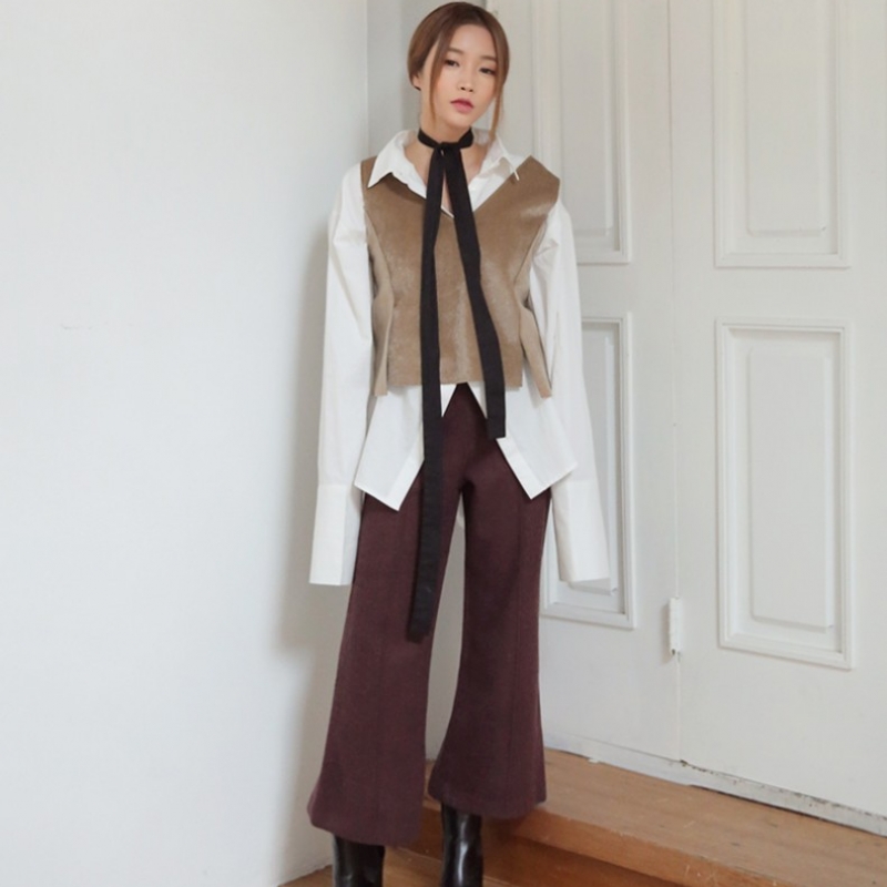 韩国stylenanda官方正品 摩登款中线装饰高腰阔腿裤－酒红色