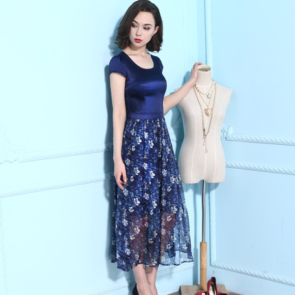 2015包邮夏季连衣裙女装精品真丝长裙短袖印花夏装女无袖