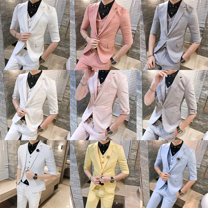 夏季休闲中袖小西服男士英伦商务职业礼服修身七分袖西装两件套装