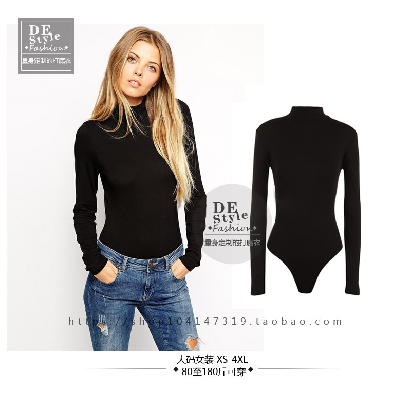 AA Wind Half High collar Large code Body One-piece Dress Dance Suit Skill Yoga Clothes Pure Cotton Elastic Long Sleeve T-shirt-Taobao