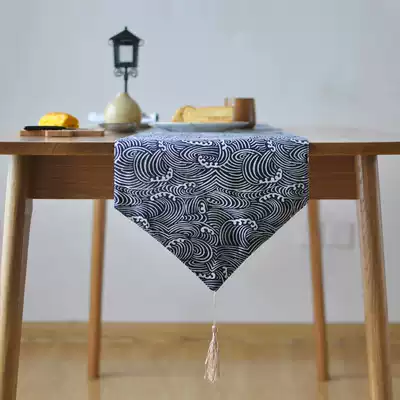 Japanese style and style traditional blue sea wave wave pattern dark blue geometric pattern cotton linen table flag decorative fabric