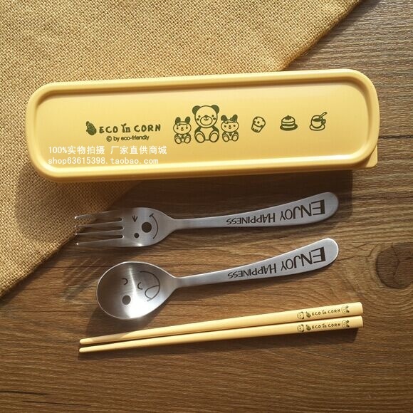 Korea imports 304 stainless steel fork spoon chopsticks children's portable tableware box smiling face three - piece suit