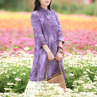 Áo sơ mi nữ họa tiết cotton và vải lanh mùa xuân hè 2018 mới rộng dài phần Trung Quốc khóa retro áo tím áo sơ mi đen nữ