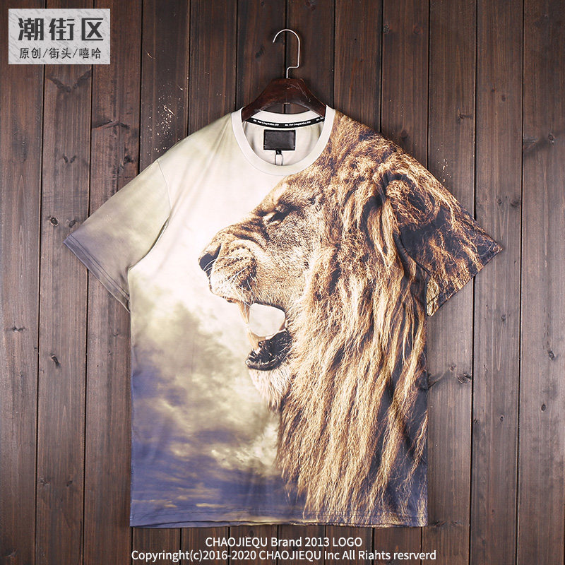 夏季潮牌男装霸气狮子头动物图 男士宽松套头短袖T恤青少年学生装