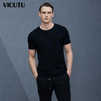 VICUTU Wicko Nam Cotton Vòng Cổ In Kinh Doanh Bình Thường Ngắn Tay Áo Len Màu Xanh Đen Jacquard T-Shirt bộ thể thao nam mùa đông