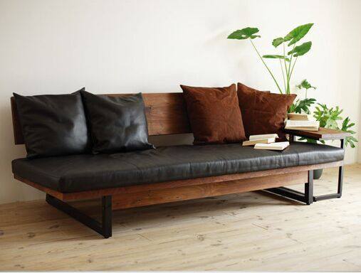 American LOFT wrought iron soft leather sofa combination bar card seat solid wood sofa chair backrest solid wood couch