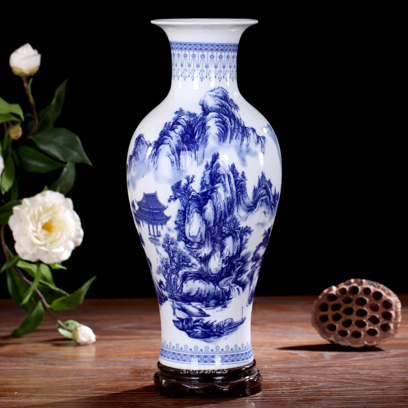Jingdezhen ceramics landscape painting large blue and white porcelain vase I household adornment desktop sitting room mesa furnishing articles
