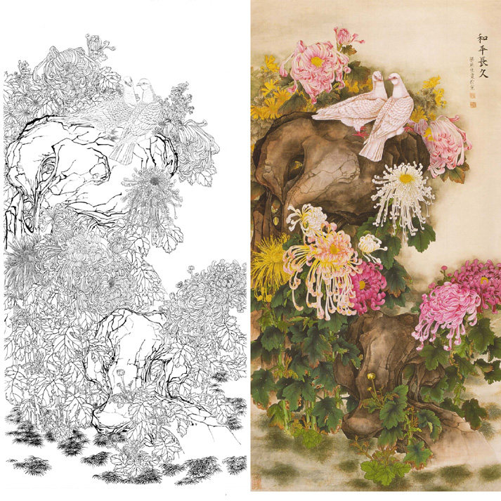 Work pen White sketching manuscript Chrysanthemum Pigeon beam Yansheng 66 * 132 Physical white paper printed manuscript with coloured pattern 052T