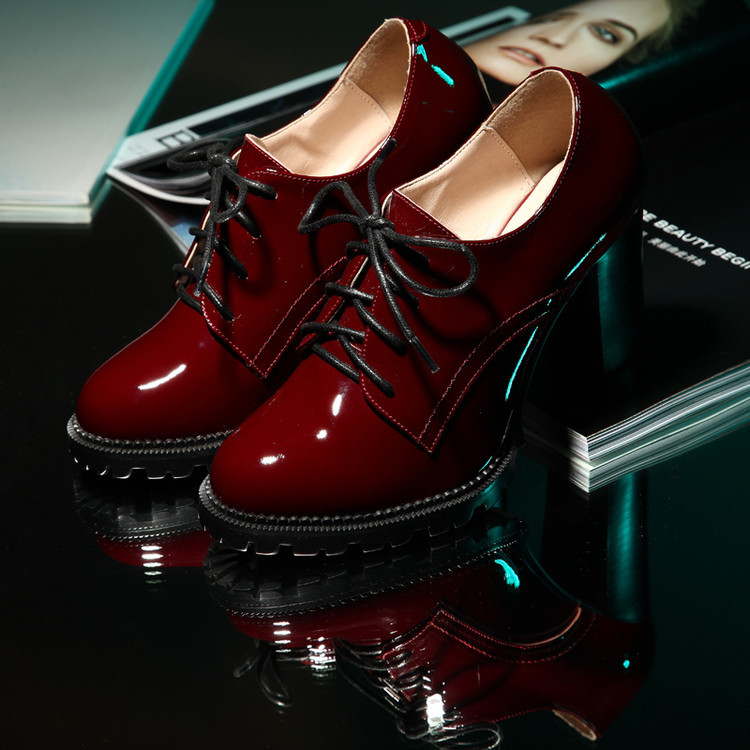 Lace-Up Shoes, Spring and Autumn New Style, British Retro Women's Shoes, Burgundy High Heels, Genuine Leather Patent Leather Platform Thick-Heeled Shoes