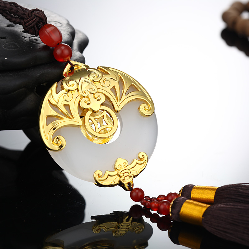 汉潮汽车挂件饰品时尚车内挂件金镶白玉平安符吊坠高档后视镜车饰