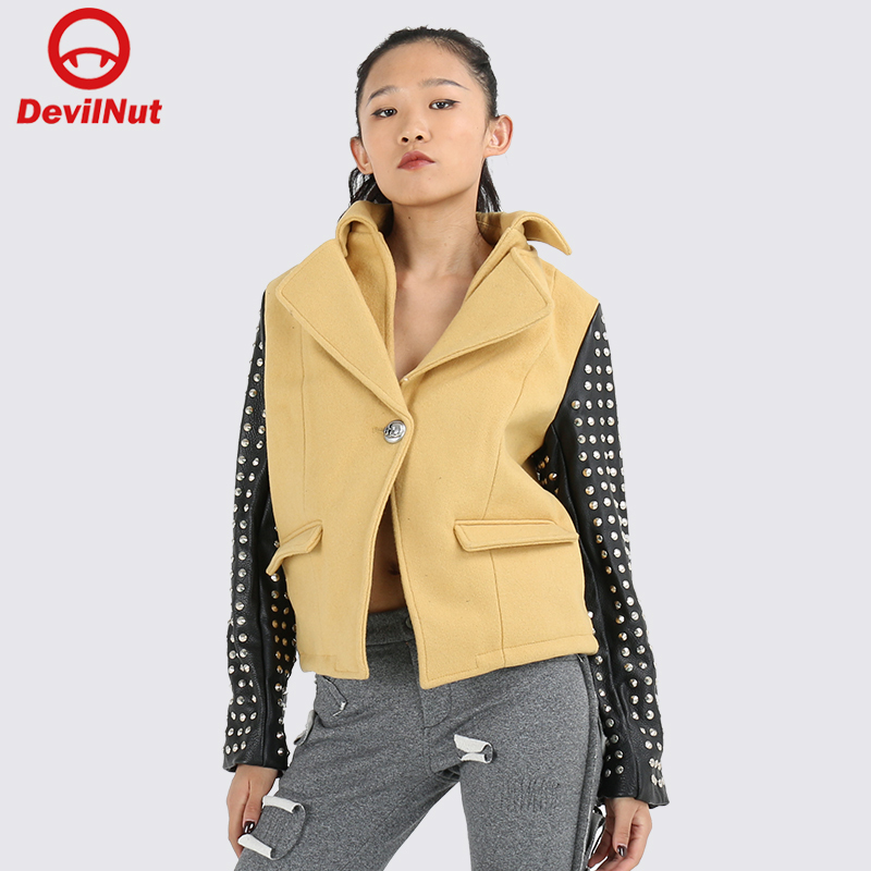 Devil Nut Trendy Brand Devil Patchwork Rivet Women's Woolen Jacket-Bib Ath