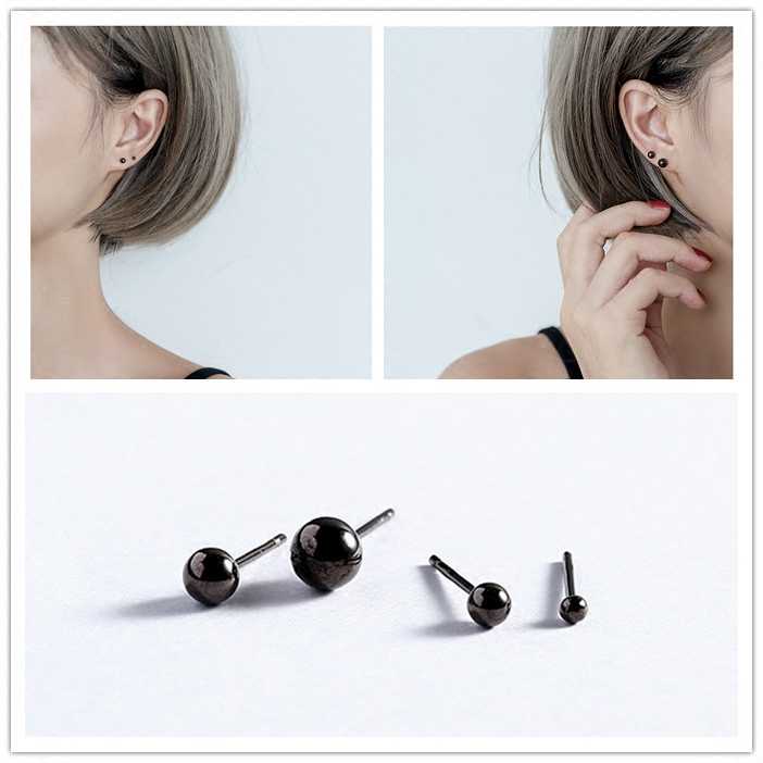 925 sterling silver stud earrings for women Korean ultra-small mini hypoallergenic simple temperament personality ear bone stud trendy men's black