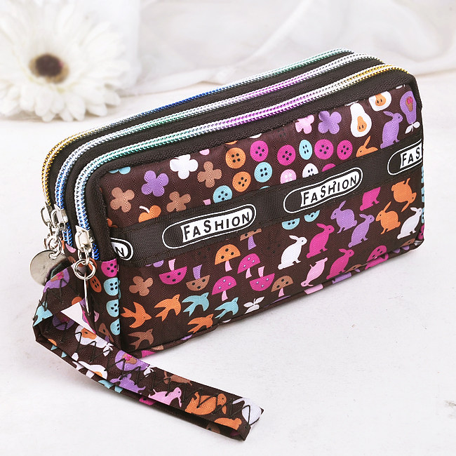 Three zipper fabric wrist clutch women's fashion all-match cartoon student bag long version change key mobile phone bag
