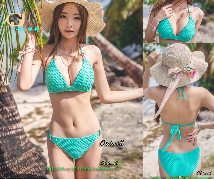 Gathered big-breasted bikini green bikini mesh swimsuit women's split swimsuit sexy female swimsuit bikini
