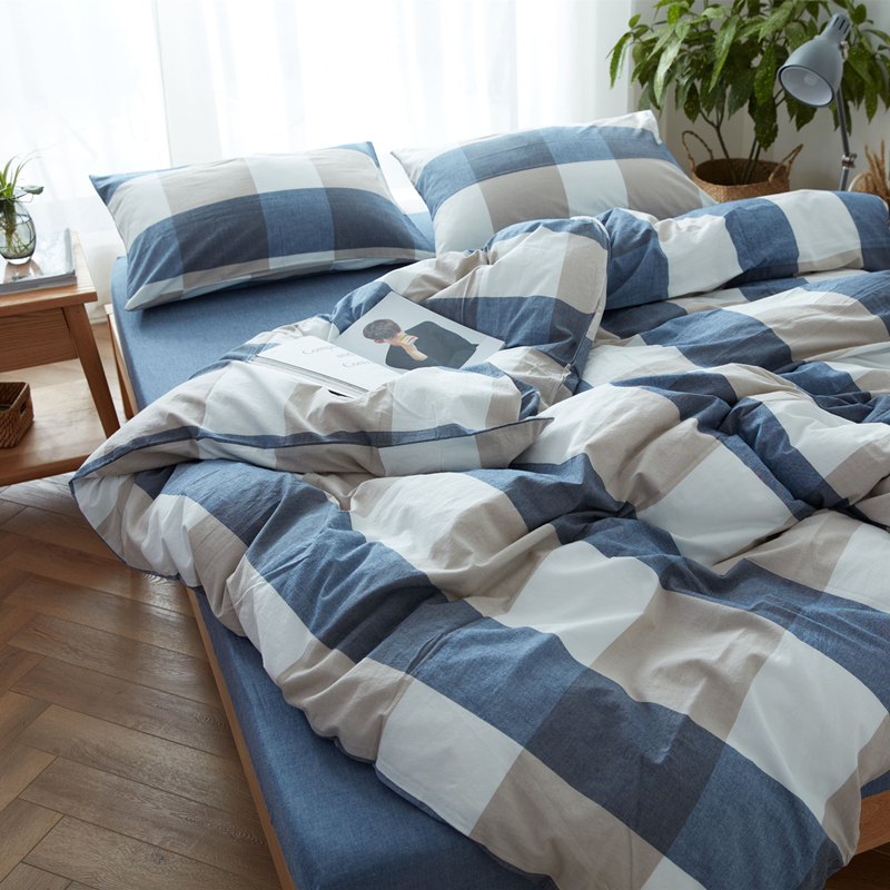 Washed cotton four-piece unprinted solid color plaid cotton kit Tianzhu cotton simple fitted sheet cotton bedding