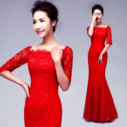 2018新款新娘结婚红色长款礼服一字肩新娘敬