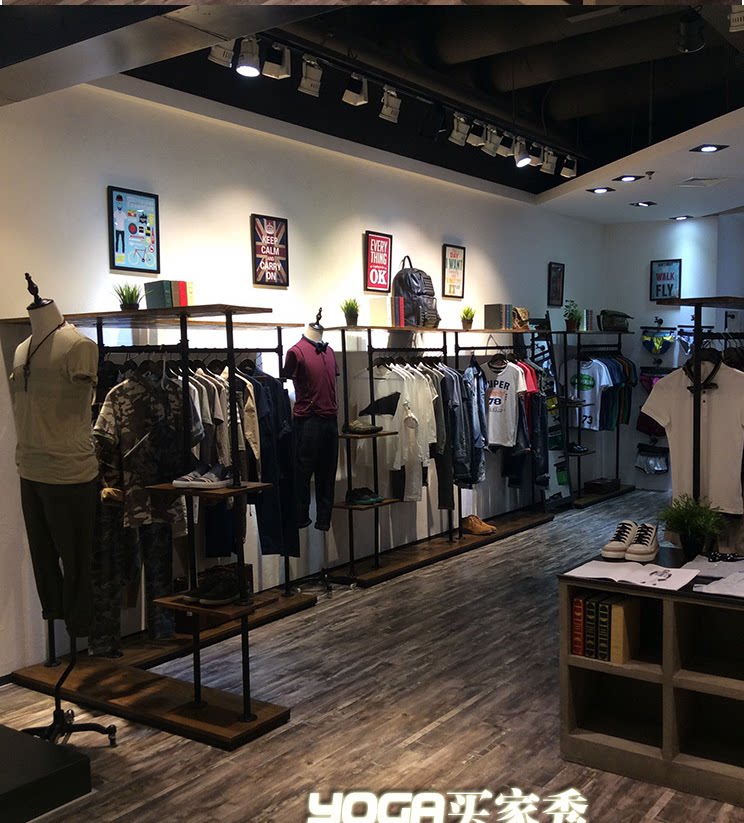 Retro solid wood wrought iron clothing display rack front side hanging men's and women's clothing hanger floor-to-ceiling clothing store shelf