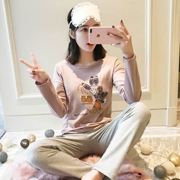 Phiên bản Hàn Quốc của đồ ngủ nữ mùa hè cotton dài tay dễ thương mùa xuân và mùa thu phục vụ tại nhà cho sinh viên tươi tắn Bộ đồ hai mảnh có thể mặc ngoài cổ tròn