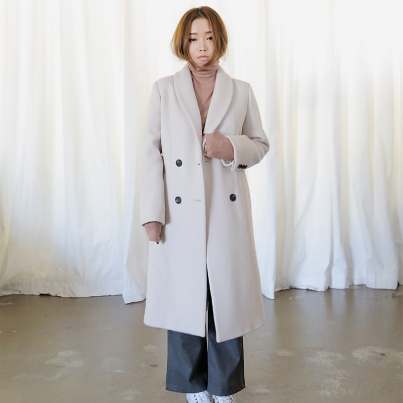 韩国stylenanda官方正品 知性风纯色翻领长版大衣-象牙色
