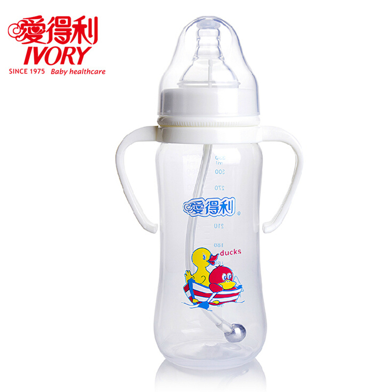 爱得利 宽口径带柄吸管自动PP奶瓶 大容量330ml A103