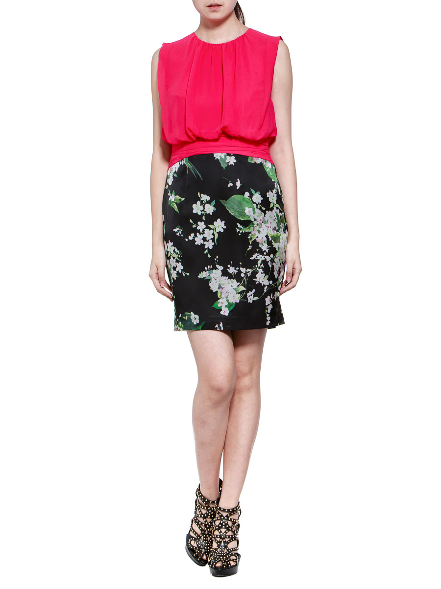 THEOPHILE 拼色印花垂褶收腰连衣裙