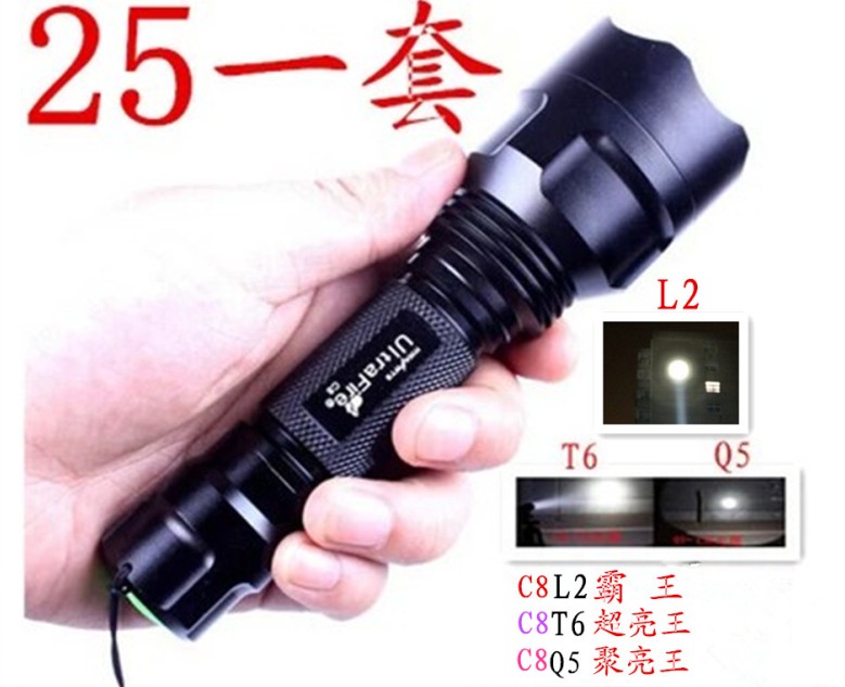 18650 Rechargeable C8q5t6l2led five-speed strong light flashlight Household outdoor long-range waterproof flashlight